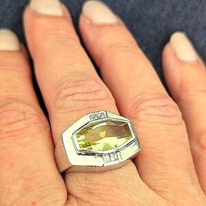 Bold Yellow and Silver Geometric Ring with Accent Crystals